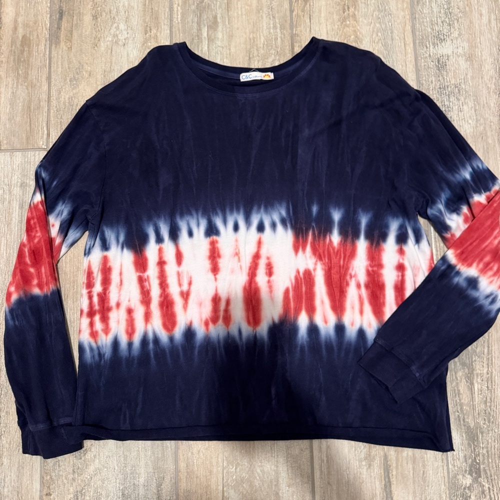C&C California Tie Dye Long Sleeve Pullover Shirt | Red White Blue | medium